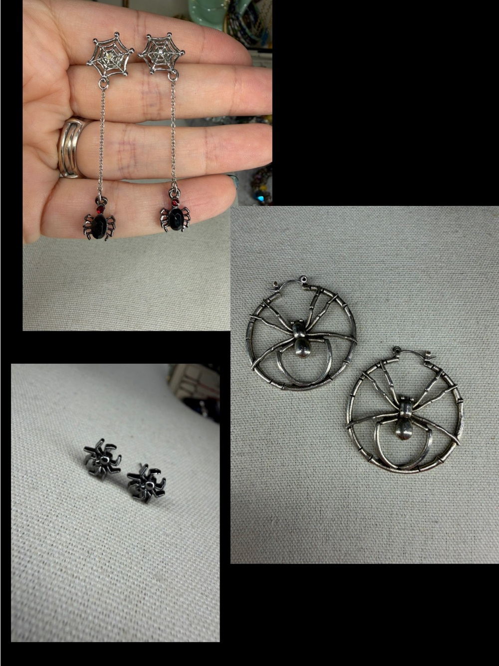 Spider Earrings 3 Pair Set Halloween Bug Insect Jewelry Creepy Crawly Spooky
